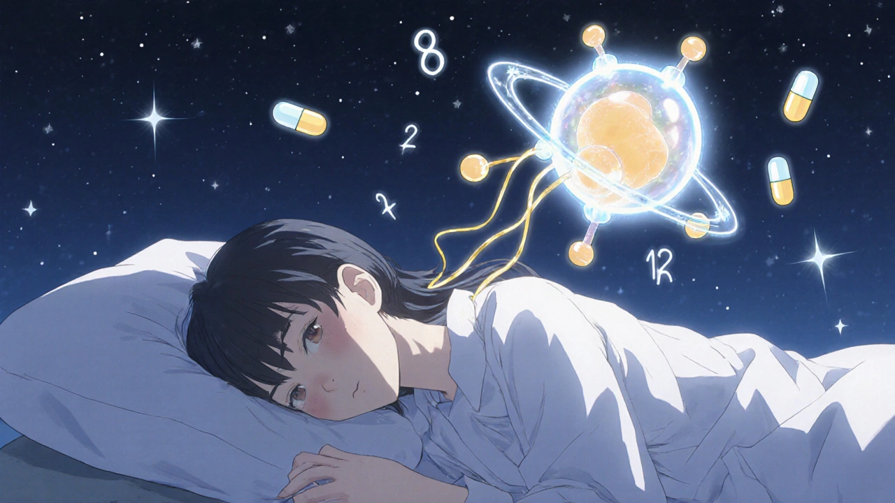 A sleeping person is gently soothed by a glowing molecule orbiting their body, symbolizing 12 hours of pain relief.
