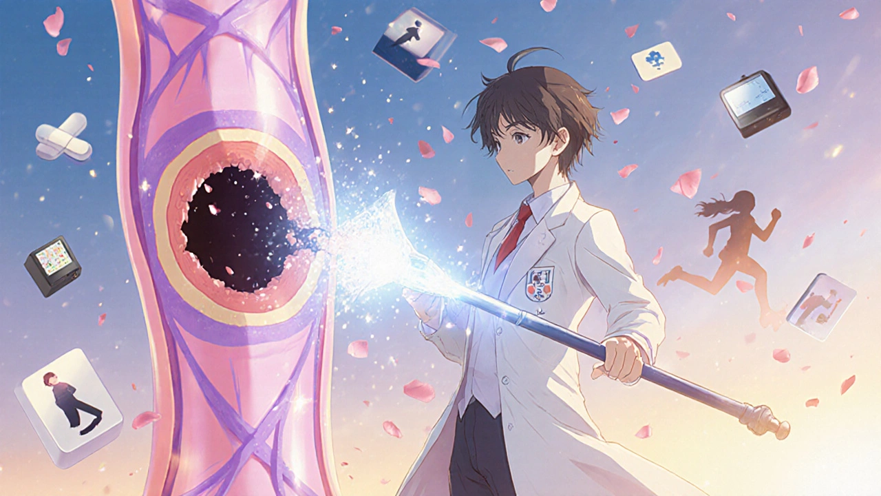 Anime doctor uses a magical staff to remove a clot from an artery, surrounded by health icons.
