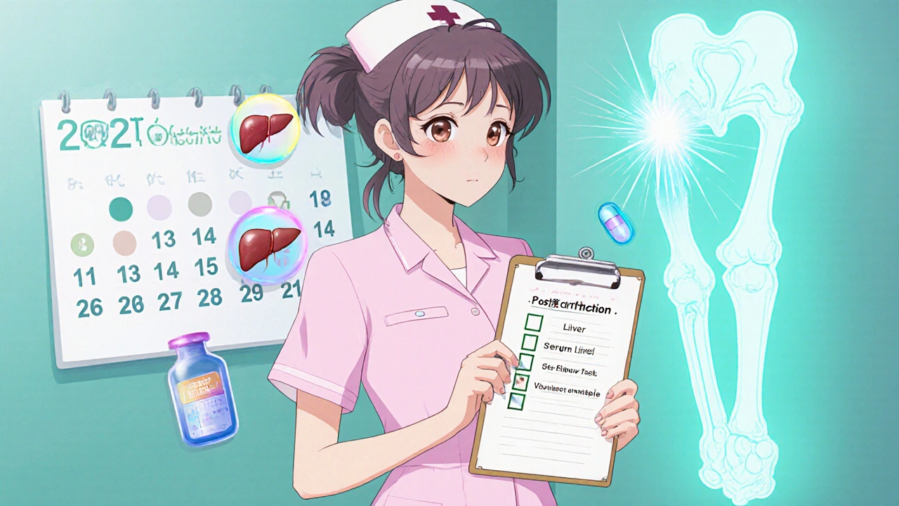 Anime nurse reviews lab results and checklist for fungal prosthetic joint infection treatment.