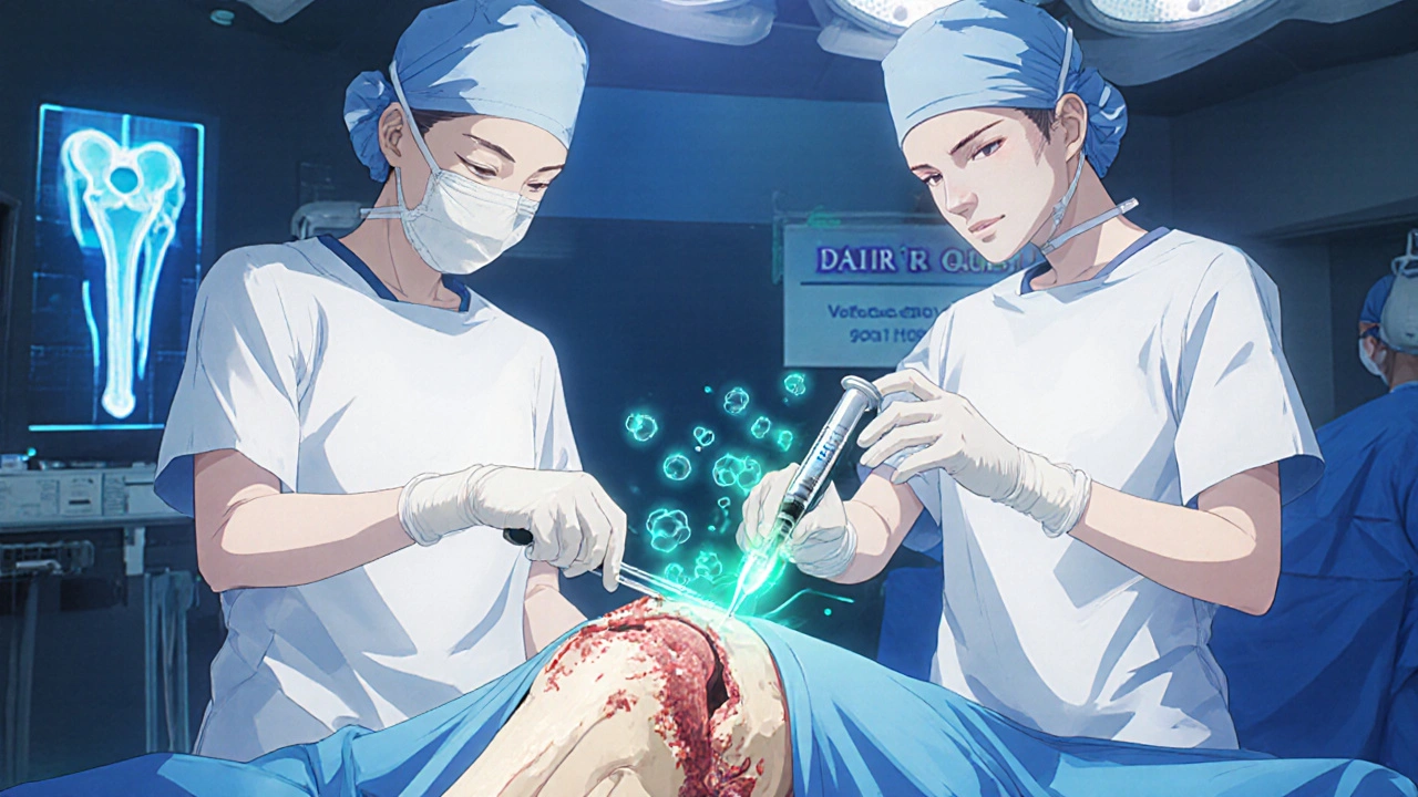 Anime surgeons perform debridement while glowing Voriconazole molecules surround the joint.