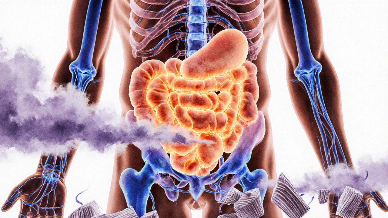 Artistic view of visceral fat, insulin resistance, and reduced hormones affecting muscles.