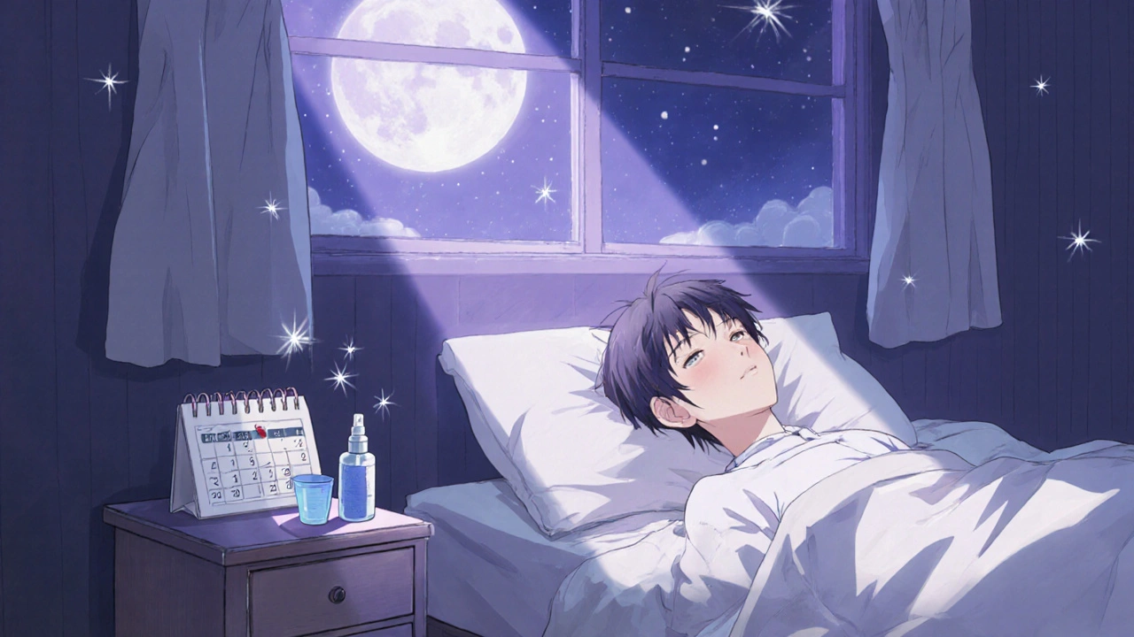 Athlete sleeping peacefully at night, surrounded by a spray bottle, saline cup, and calm lighting.