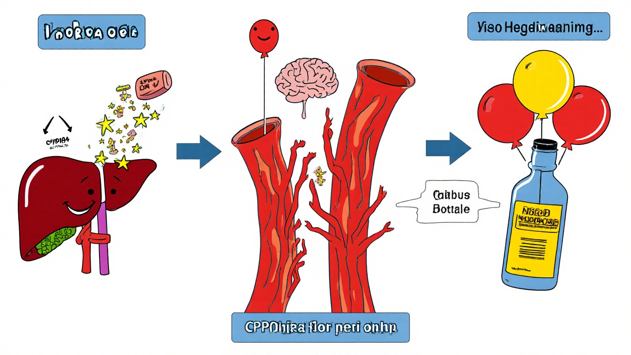 Cartoon diagram of liver metabolism, serotonin rise, vasodilation, and NSAID interaction.