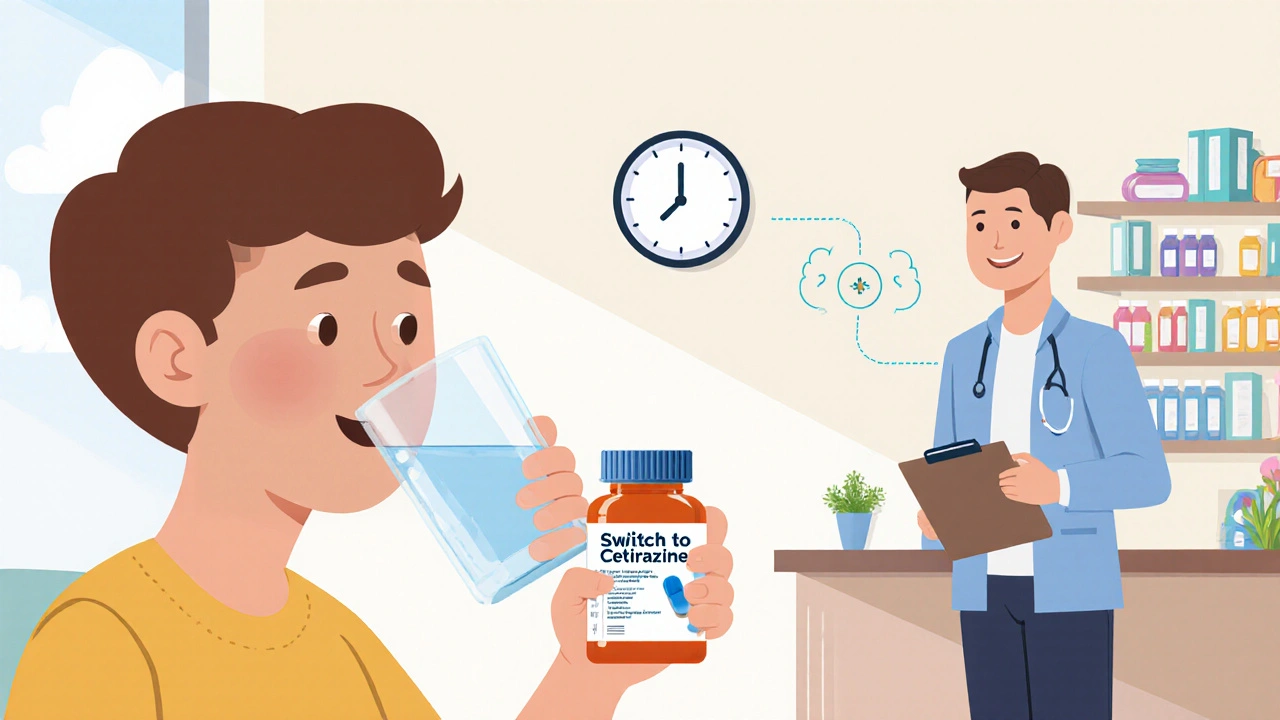 Cartoon person drinks water, checks timing, and consults pharmacist and doctor for headache.