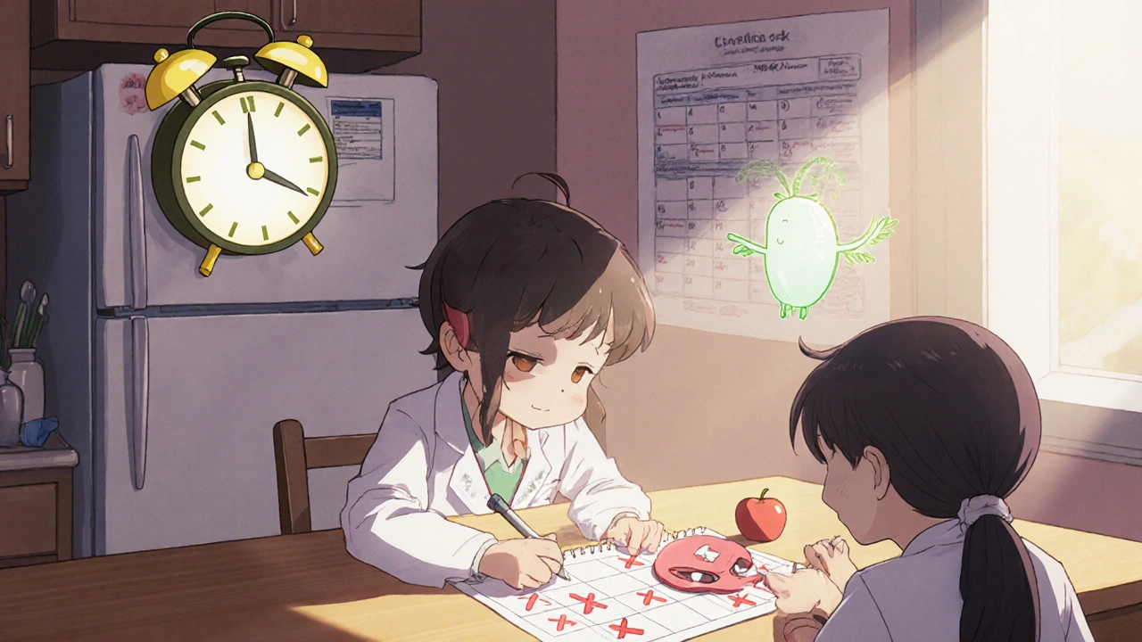 Child and doctor at kitchen table with calendar showing medication breaks and clock spirit.