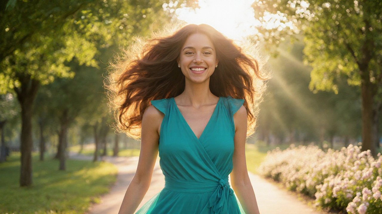 Confident woman with thick hair strolling in a sunlit park, showing hair‑loss recovery.