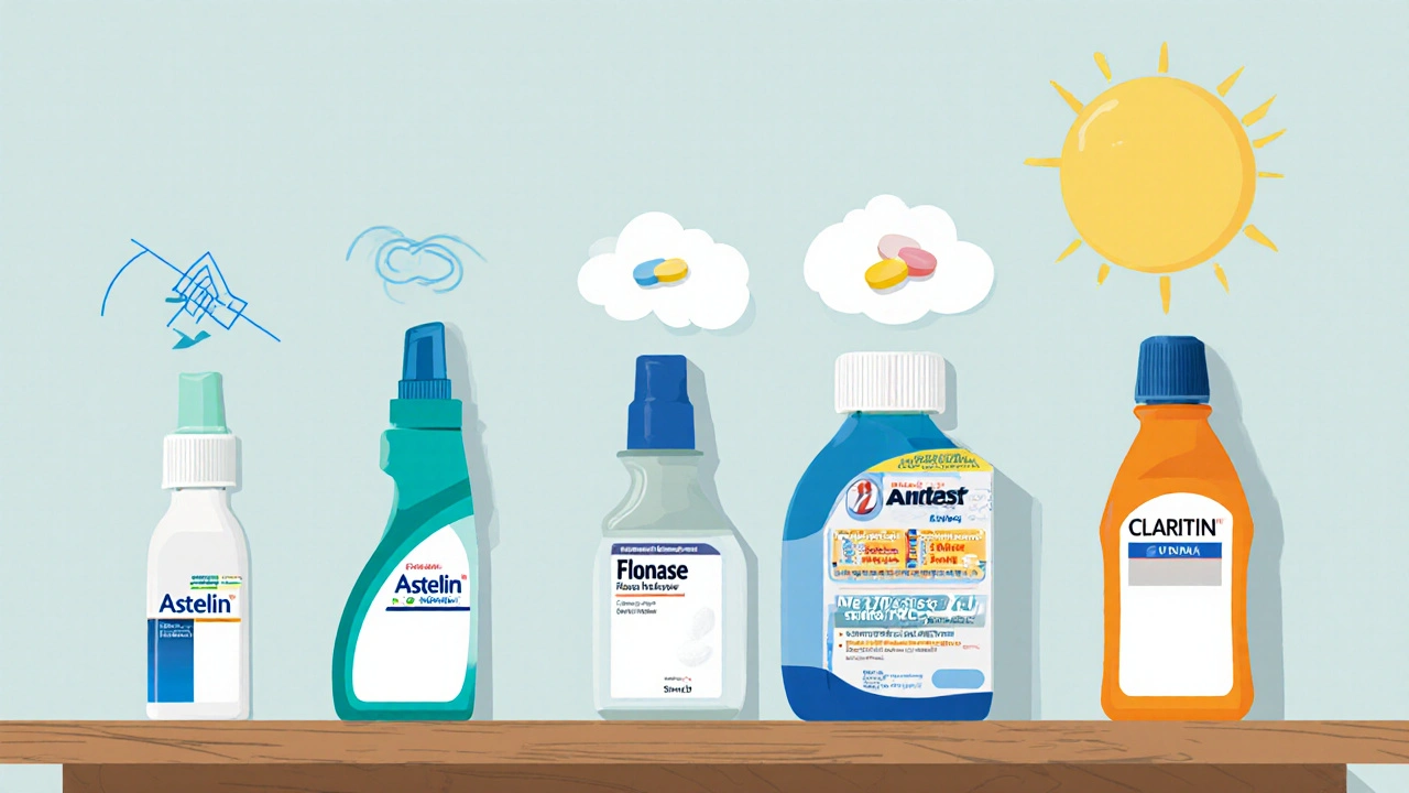 Countertop with Astelin, Flonase, Nasacort sprays and Zyrtec, Claritin pills.