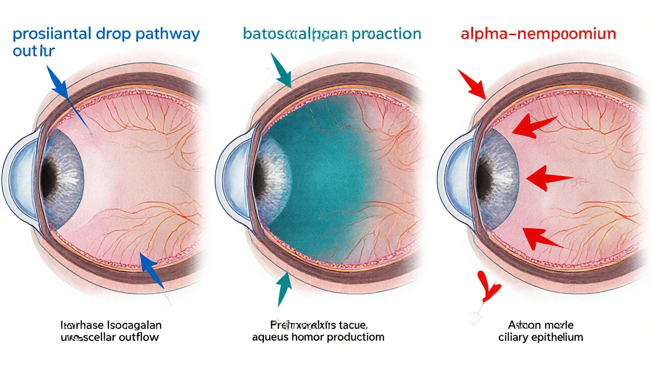 Cross-section of an eye illustrating three drug mechanisms: outflow increase, production reduction, and combined action.