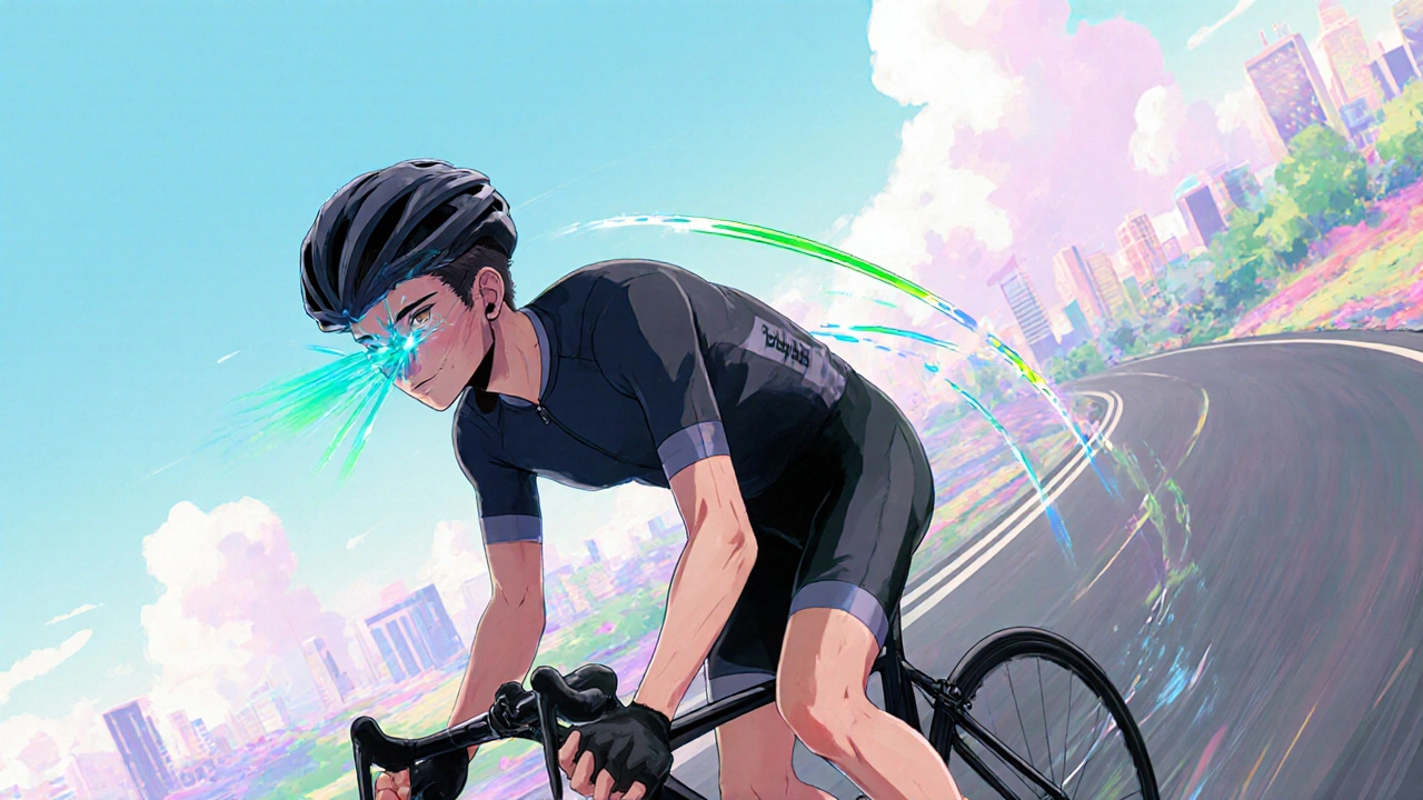 Cyclist speeding forward with a glowing aura around his nose, indicating enhanced airflow.