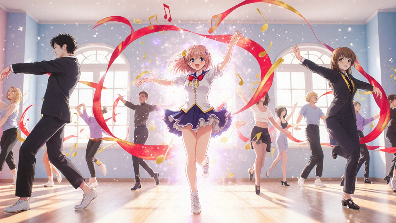Dance therapy class with rhythmic steps and musical notes, anime style.