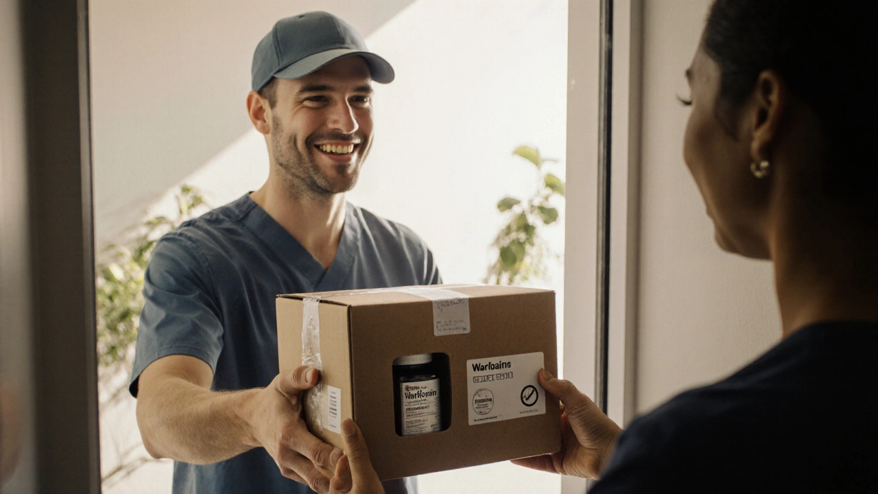 Delivery person hands sealed medication box to smiling recipient at doorstep.