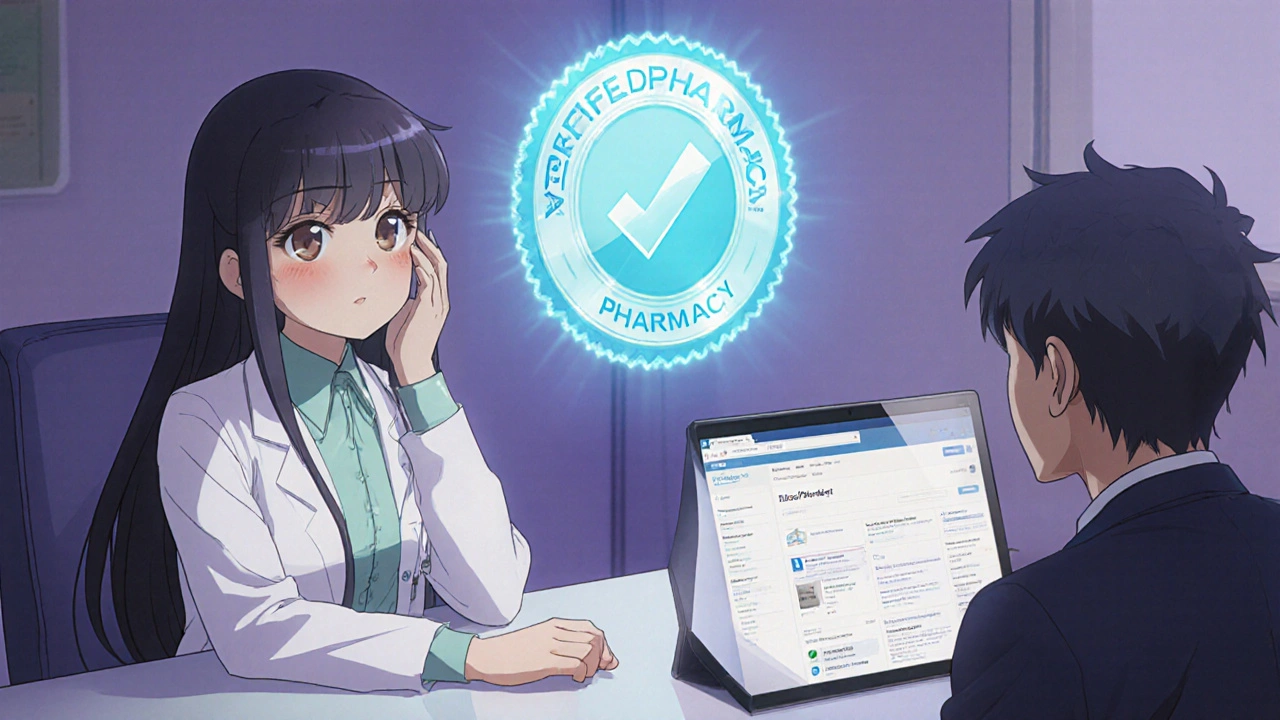 Doctor and patient in a calm room, holographic seal of verified pharmacy glowing nearby.
