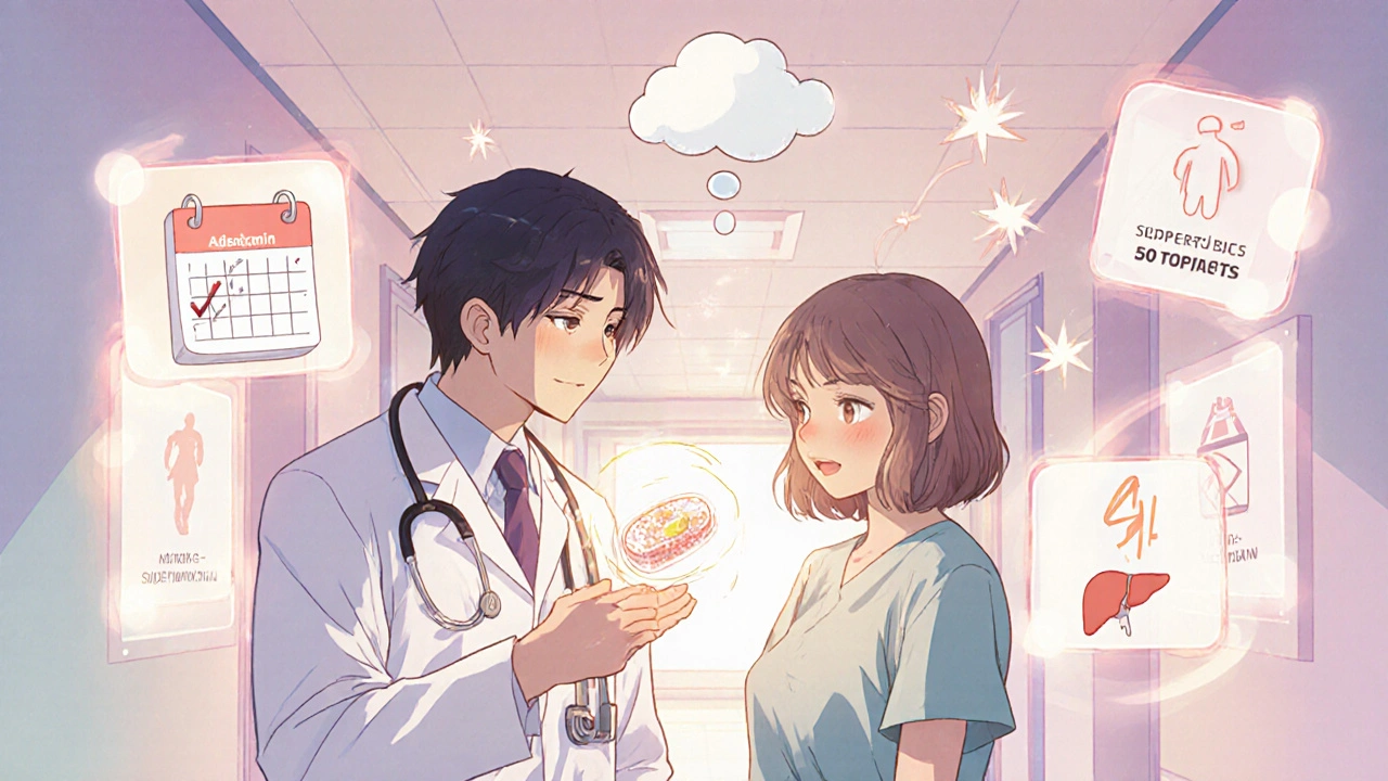 Doctor and patient reviewing Rifaximin tablet surrounded by adherence and liver icons.