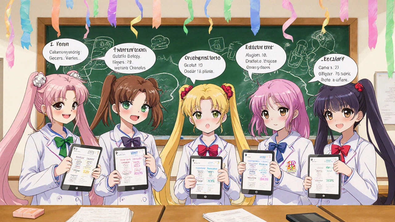 Five anime characters representing different ED meds, each with floating stat bubbles.