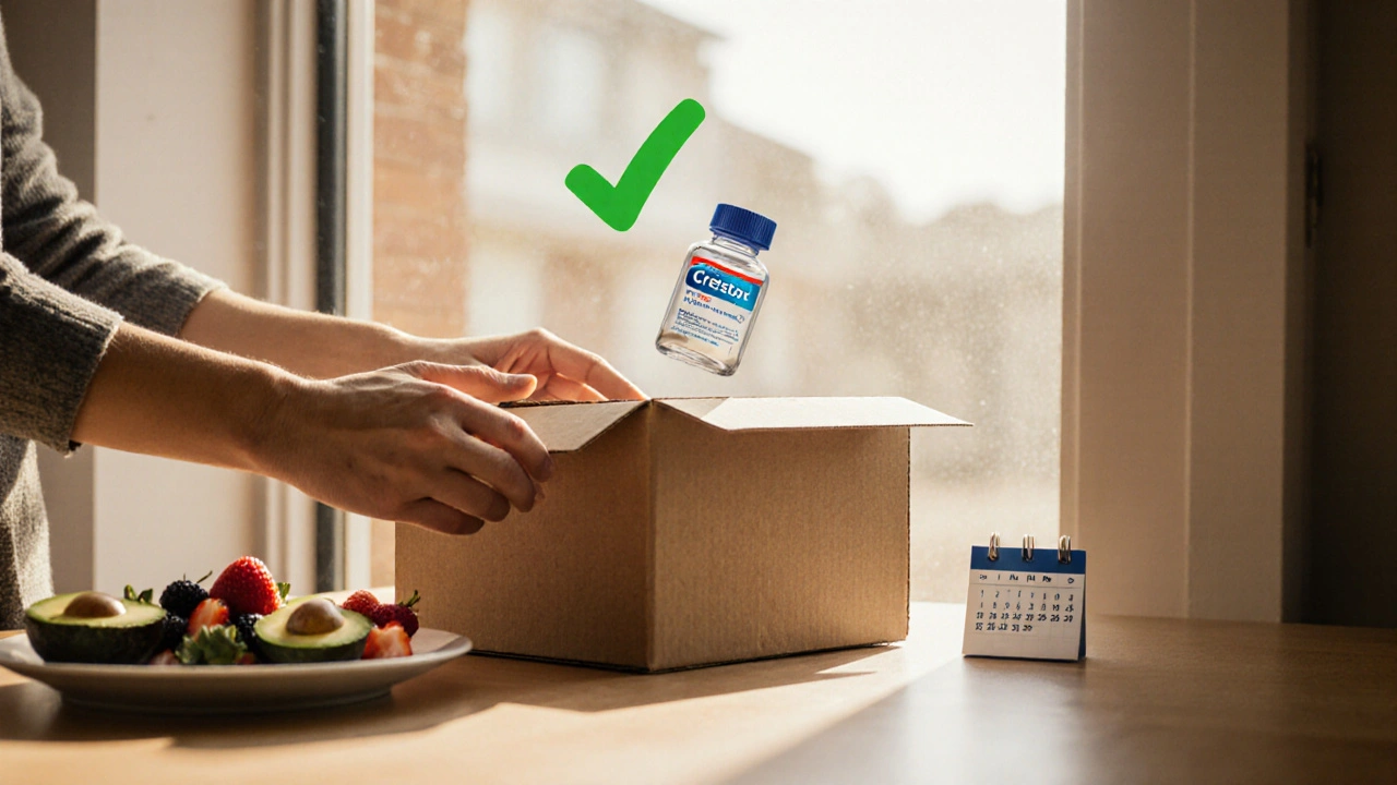 Hands opening a delivery box showing a medicine bottle, with a green checkmark and sunlight.
