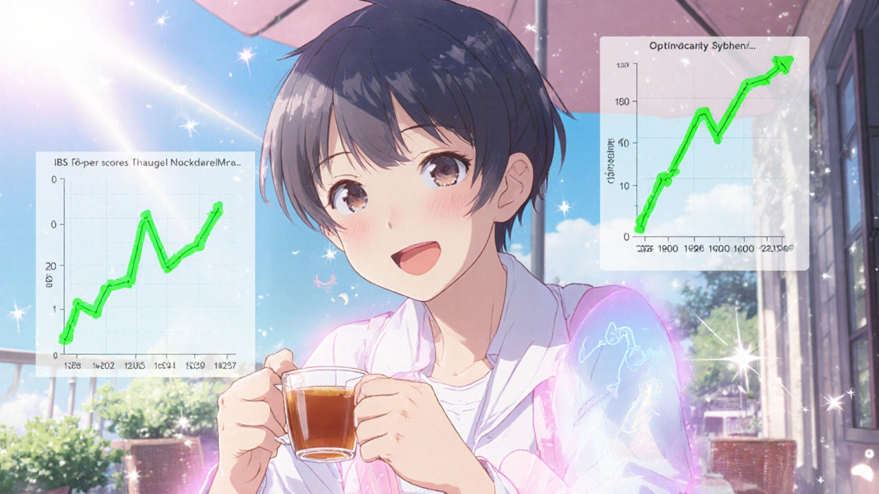Happy patient at a café with rising quality‑of‑life charts and calm abdomen aura.