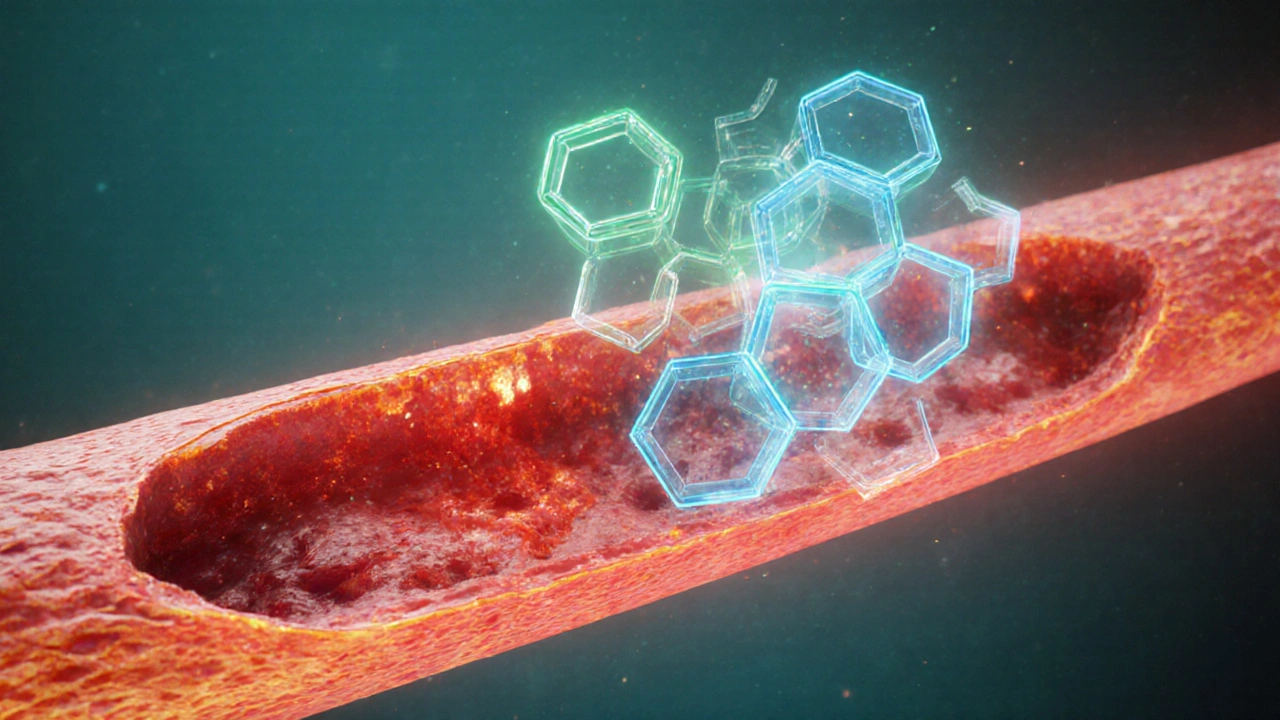 Illustration of naproxen molecules blocking COX enzymes in inflamed blood vessel.
