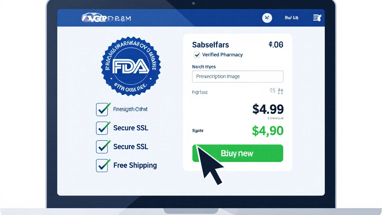 Laptop screen showing an online pharmacy page with FDA badge and prescription upload field.