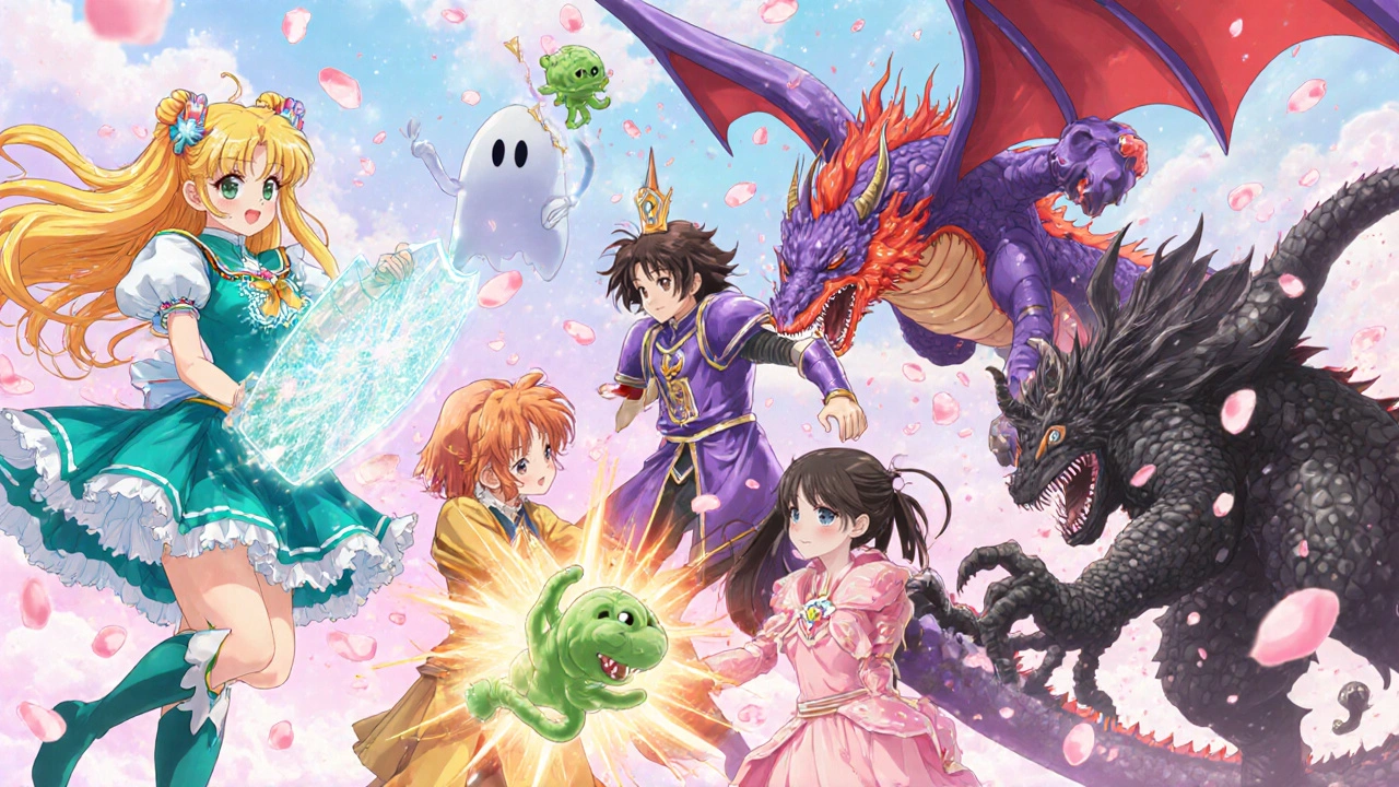 Magical‑girl characters representing immune cells battling specific microbes in a pastel anime tableau.