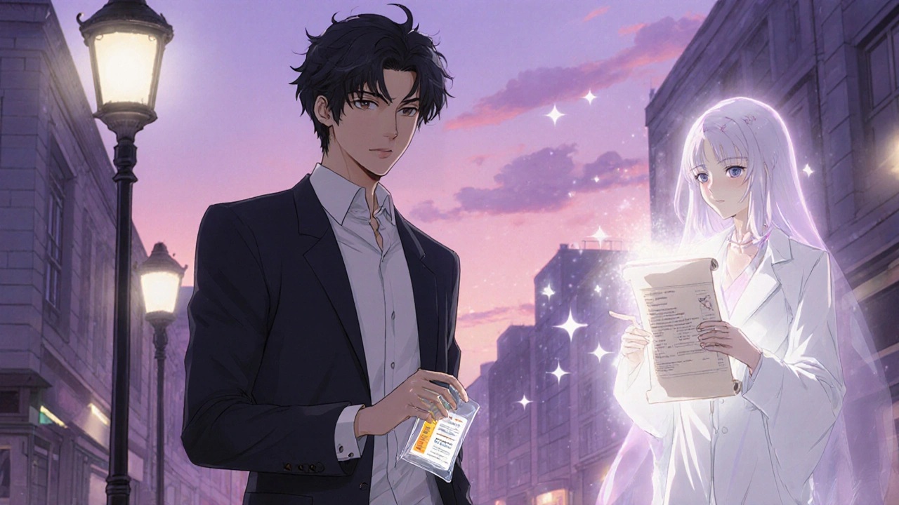 Man walking at dusk with a jelly pouch, guided by a glowing pharmacy guardian figure.