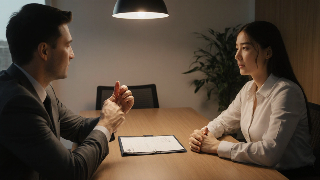 Manager and employee discussing skin health in a supportive meeting.