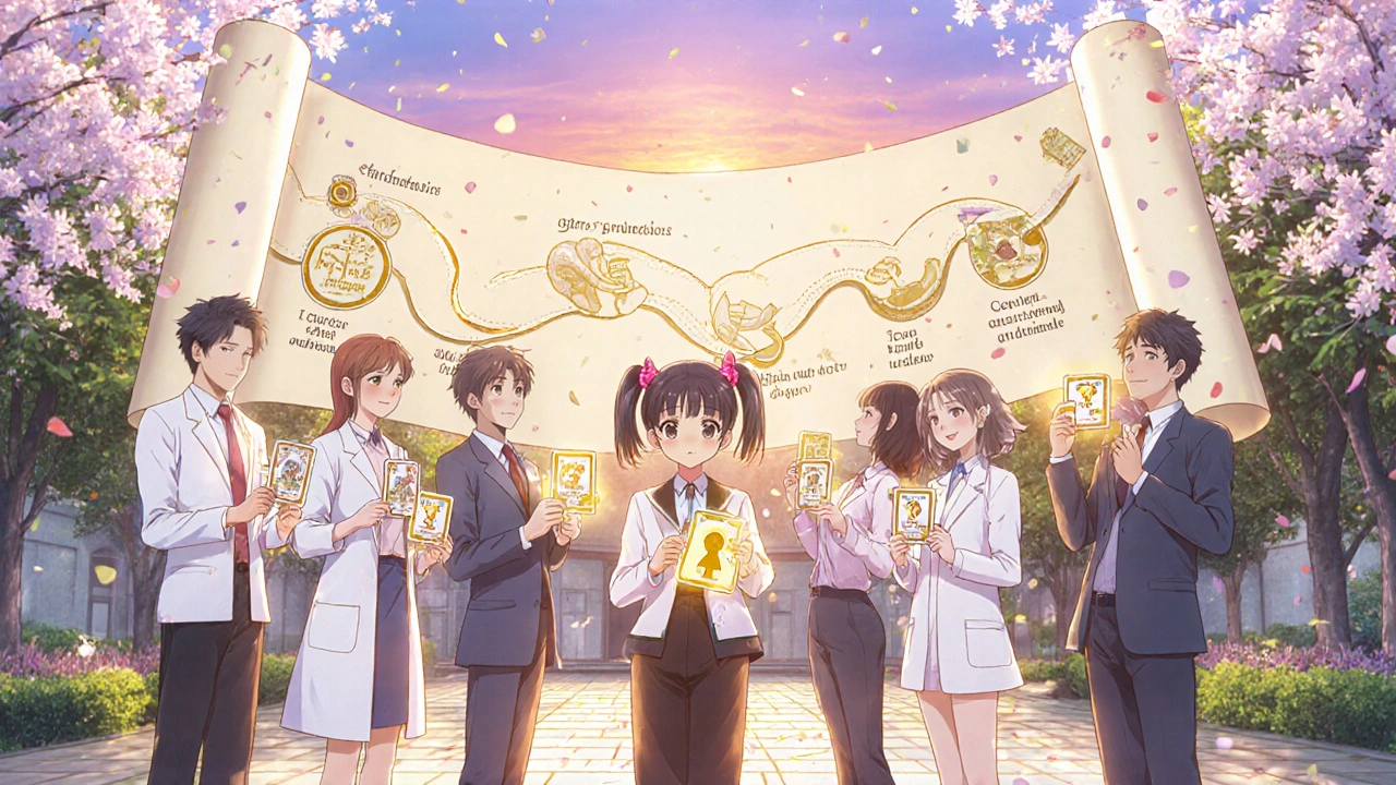 Medical team and patient holding glowing seal cards in a sunrise garden setting.