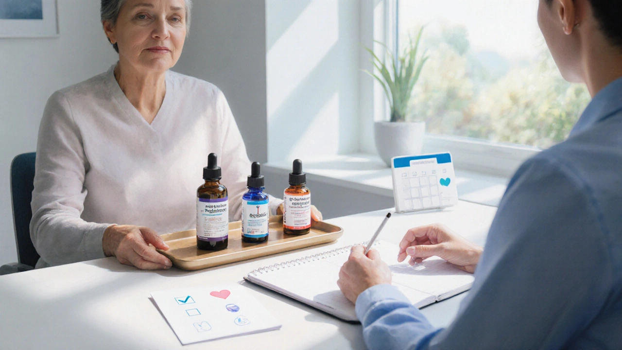 Patient and doctor reviewing eye‑drop bottles in a clinic, with visual cues of a checklist.