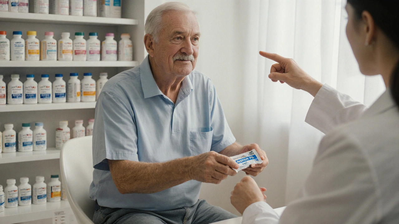Patient consulting pharmacist about pain relief options in a bright pharmacy.