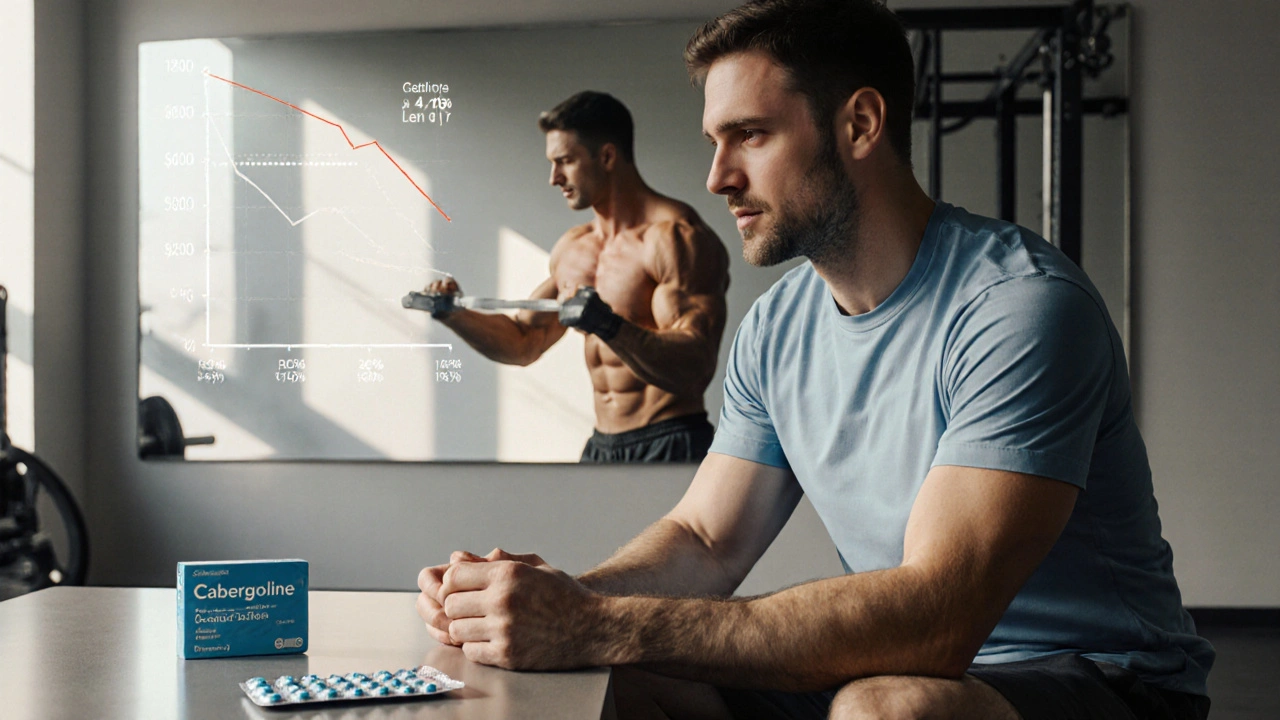 Patient taking cabergoline in a gym, performing deadlifts as body composition improves.