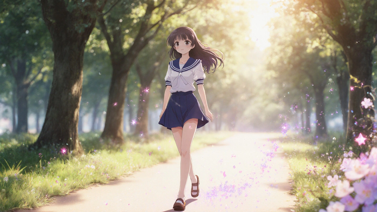 Patient walking confidently outdoors with sparkles, anime style.