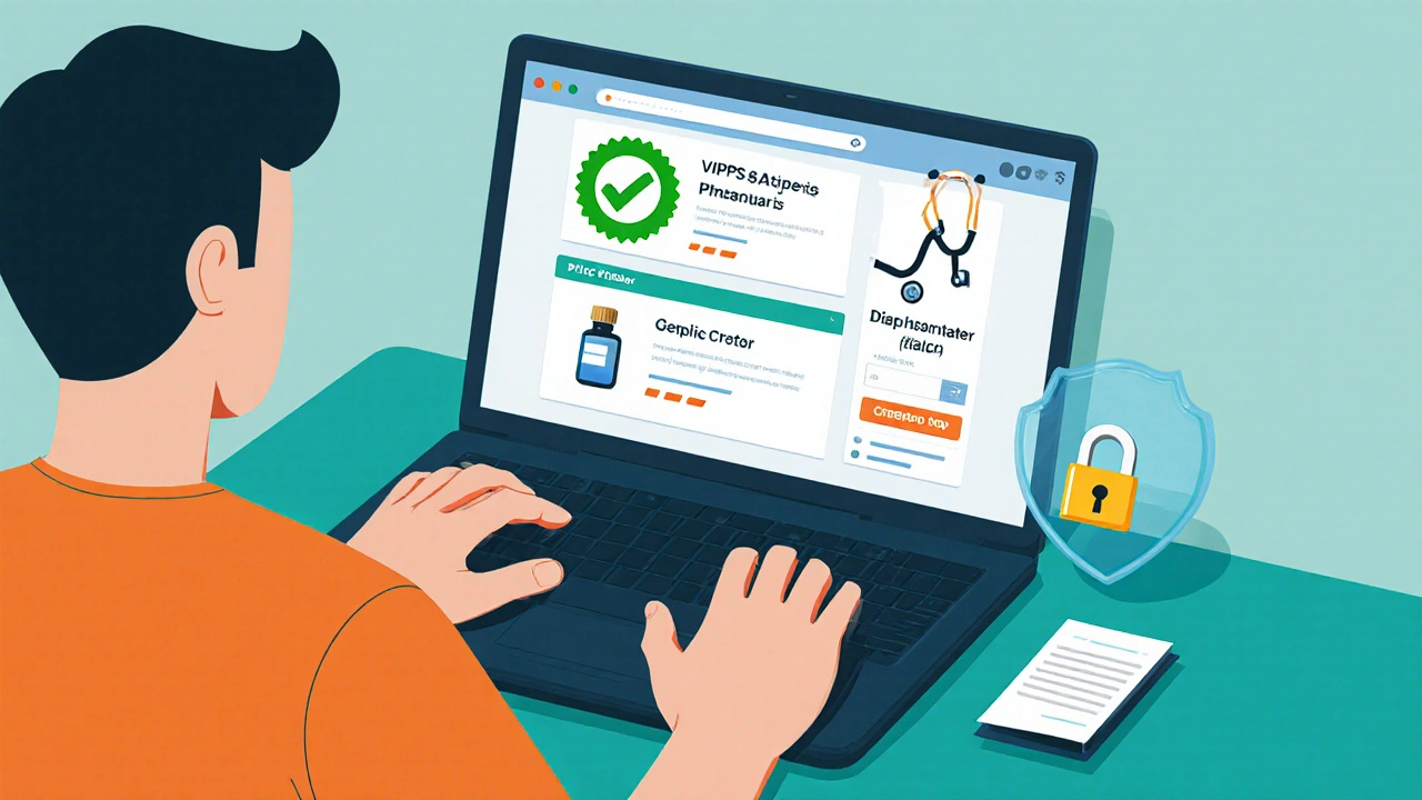 Person comparing online prices for generic Crestor on a laptop with prescription and coupon icons.