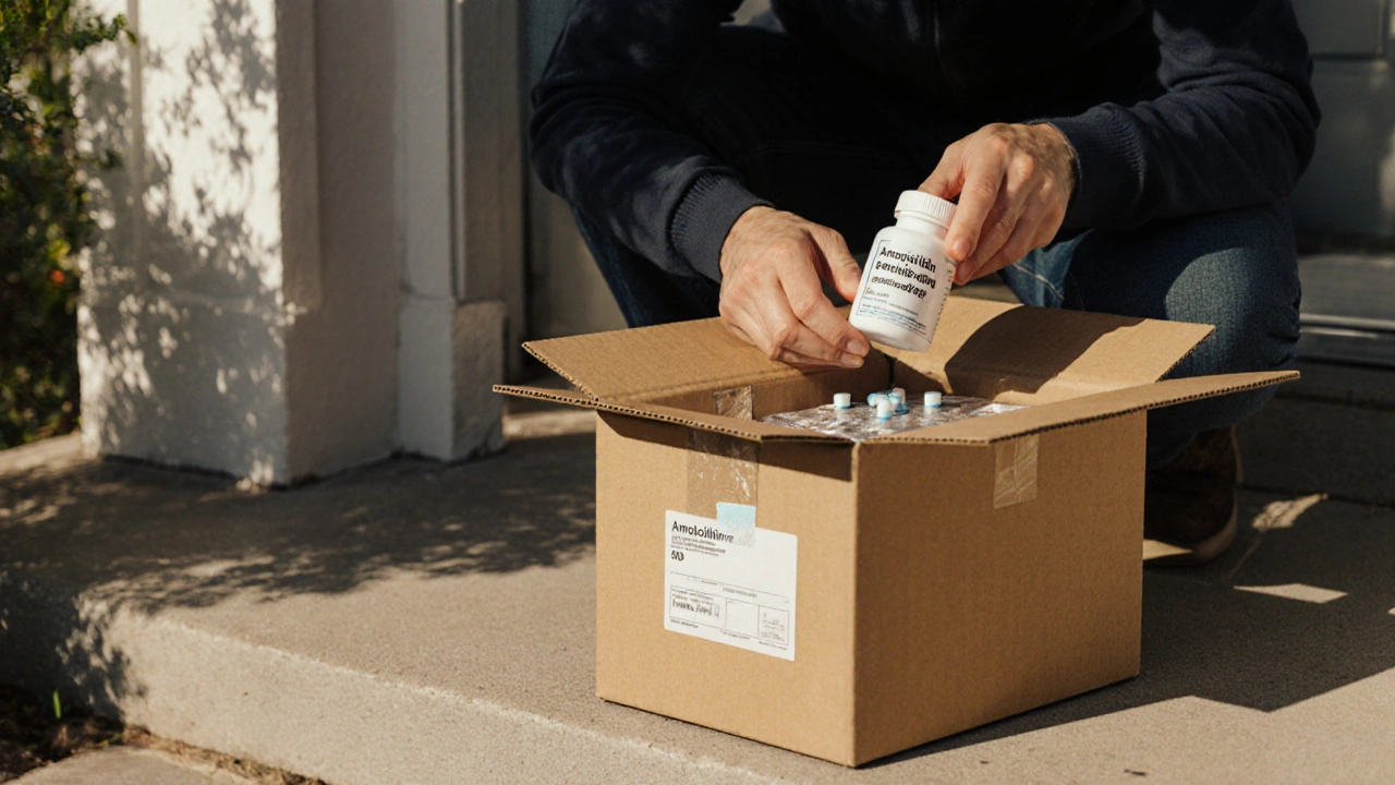 Person opening a discreet package containing a bottle of amoxicillin, checking the seal.