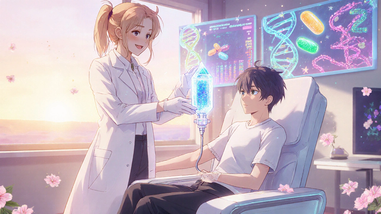 Researcher giving glowing T‑cell therapy to patient, with holographic DNA and antiviral visuals in hopeful anime style.