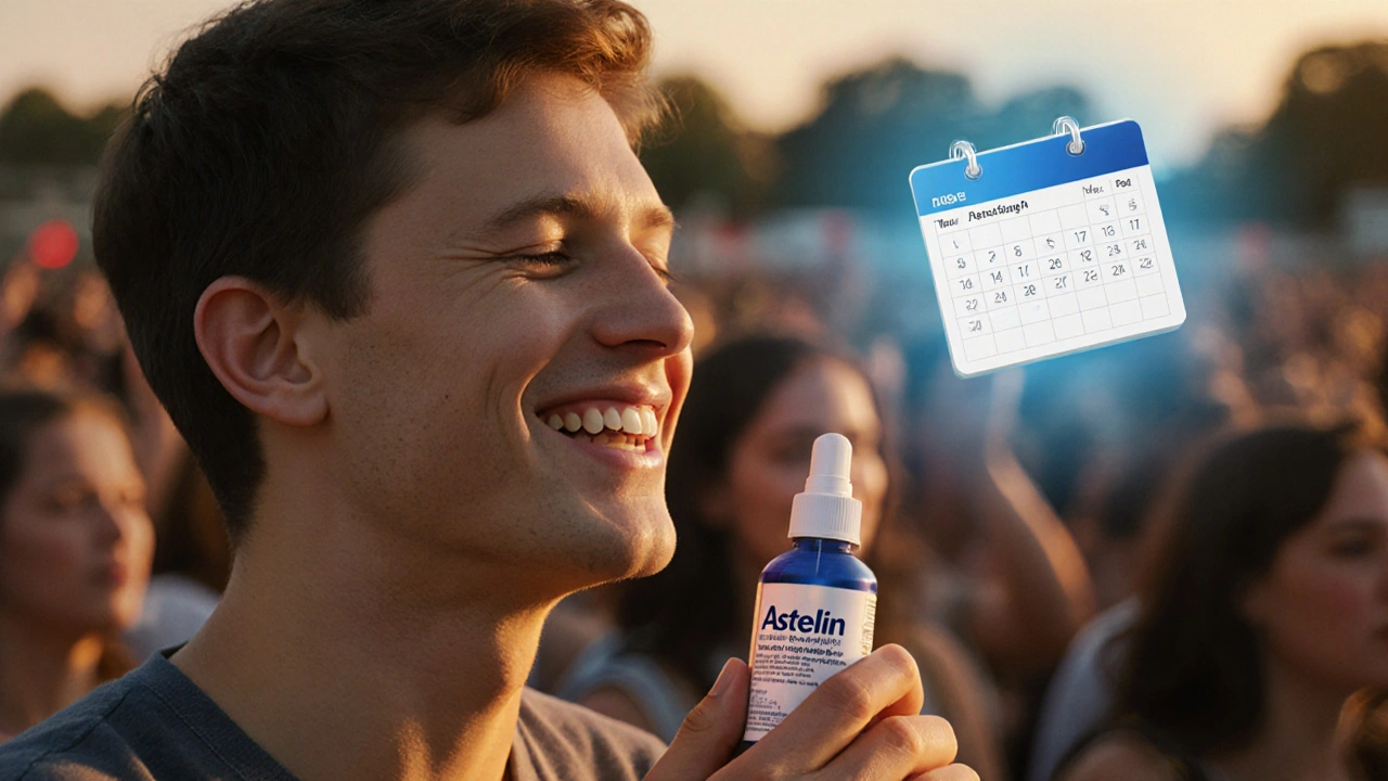Smiling person at outdoor concert breathing easily, Astelin bottle nearby.