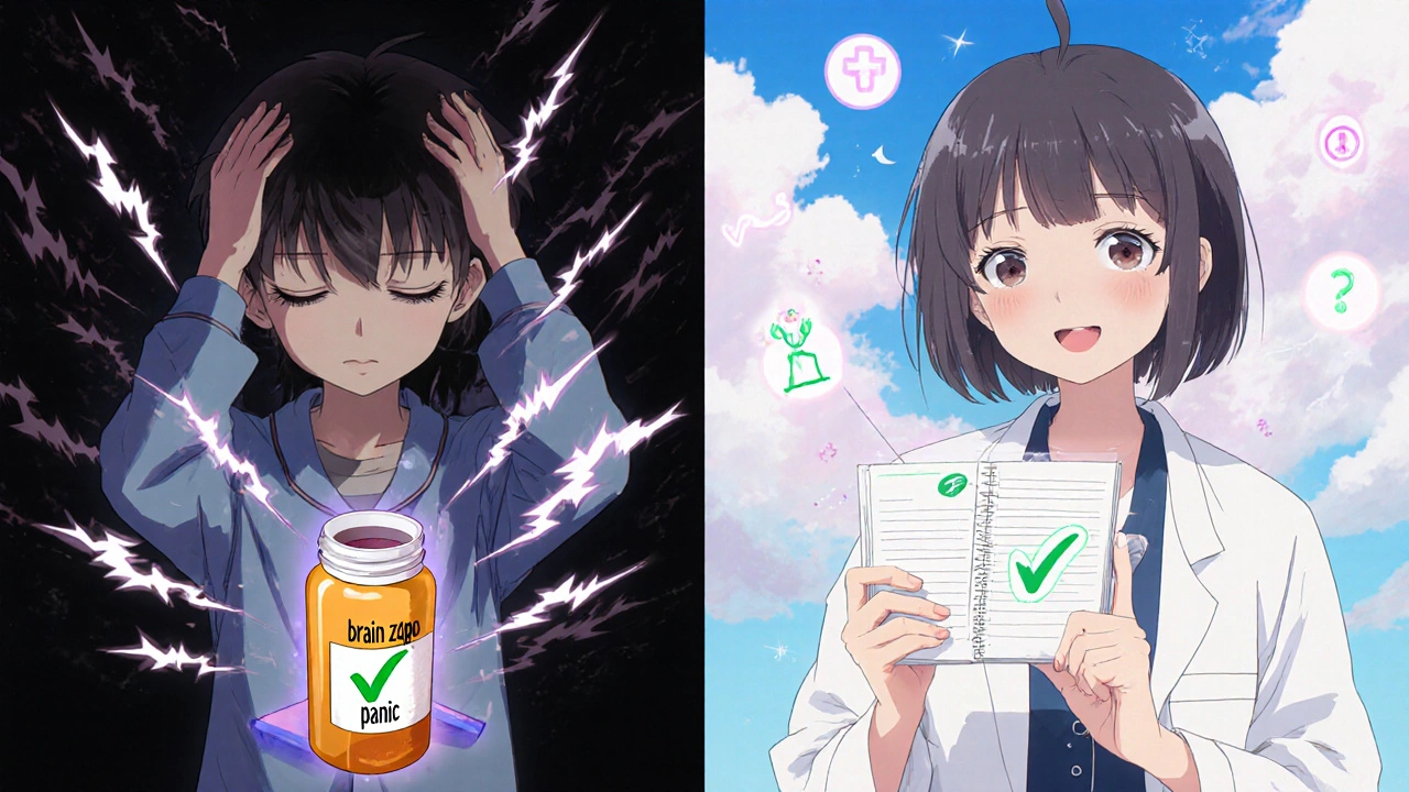 Split scene: one side shows medication withdrawal chaos, the other shows calm with planner and guidance.