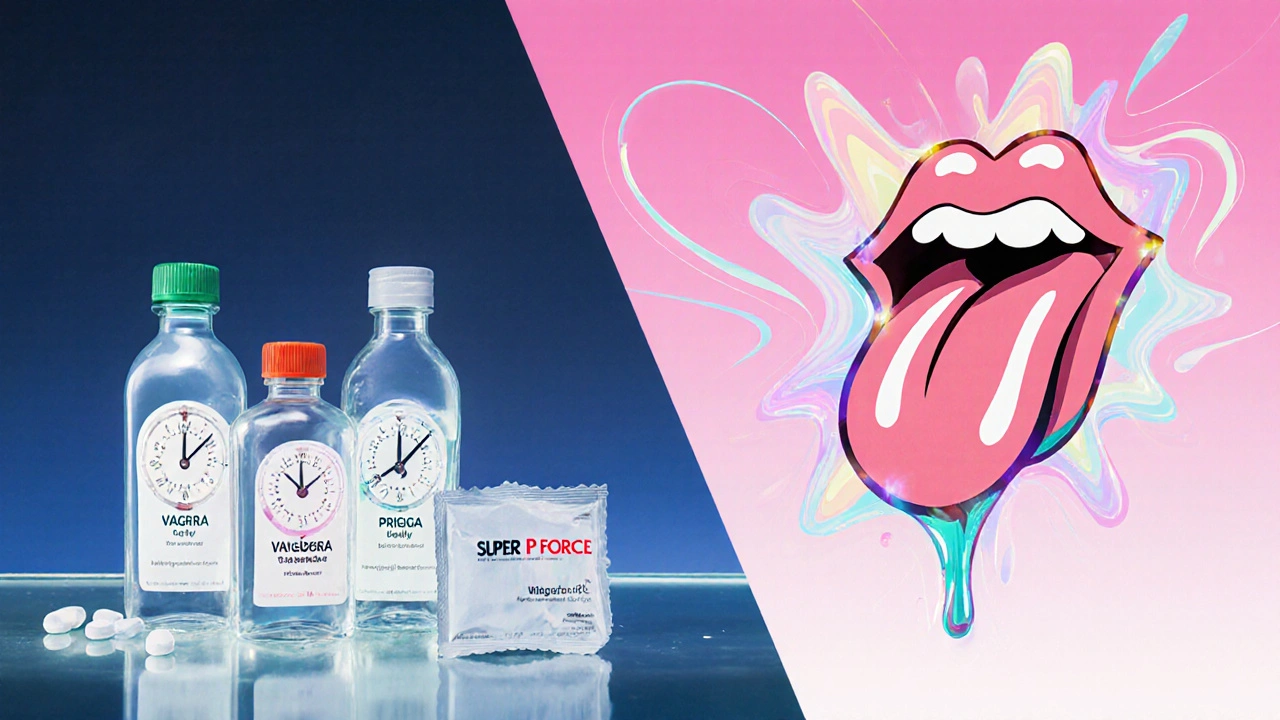 Split scene showing tablet bottles with slow clocks versus a jelly sachet melting quickly on a tongue.