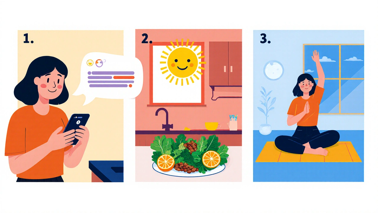 Three cartoon panels: setting phone alarm, preparing healthy snack, doing yoga stretch.