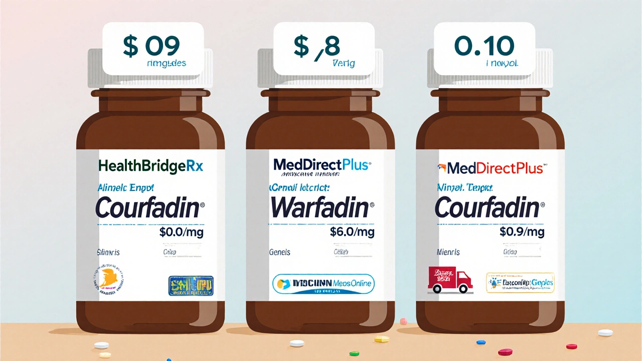 Three generic warfarin bottles with price tags and pharmacy logos on a countertop.