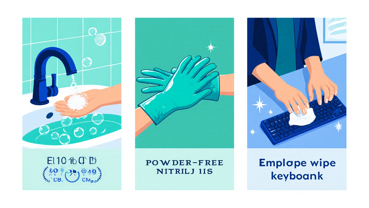 Three-panel illustration of hand washing, glove use, and surface disinfection.
