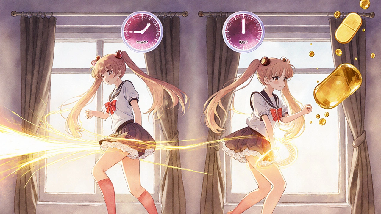 Two characters experience different naproxen absorption speeds—one fast, one slow—shown with glowing trails and timers.