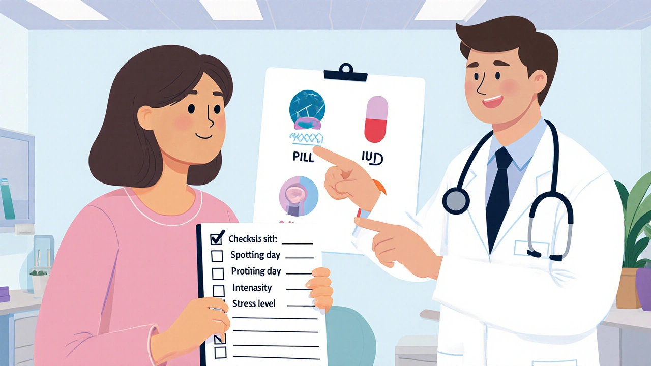 Woman showing checklist to smiling doctor, with icons of alternative contraceptives.