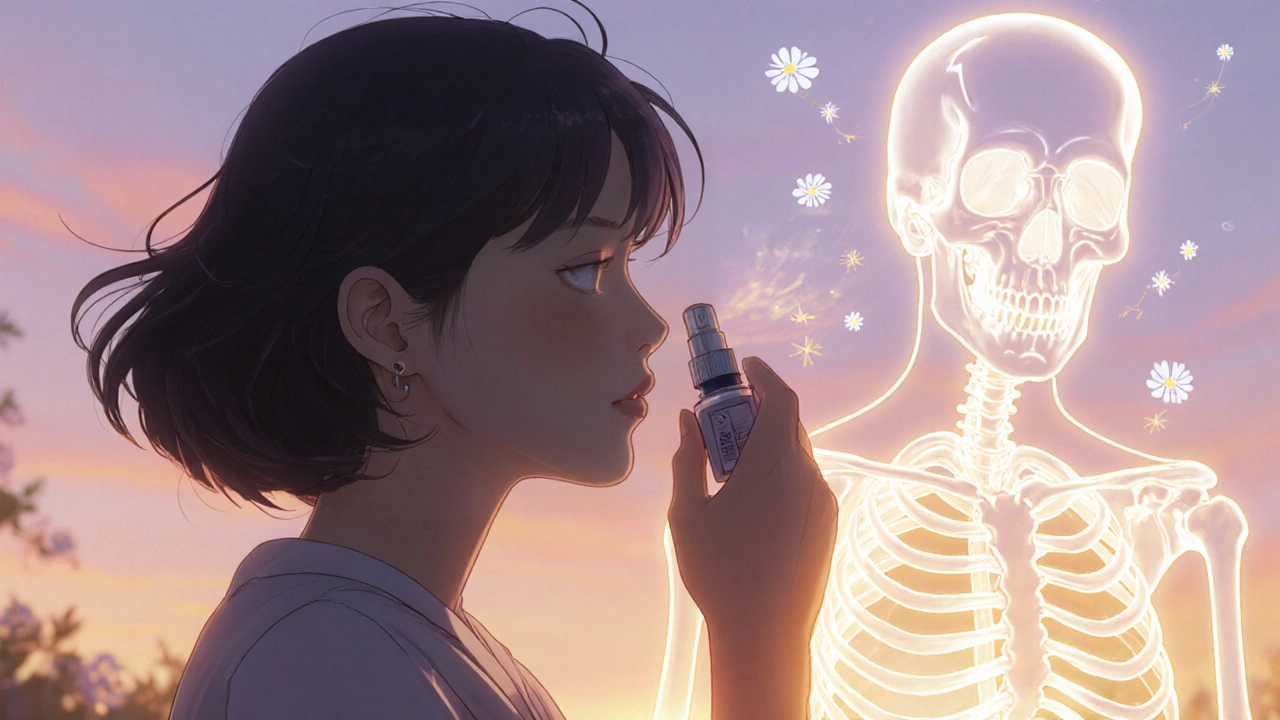 Woman using nasal spray, luminous bones showing protective aura.