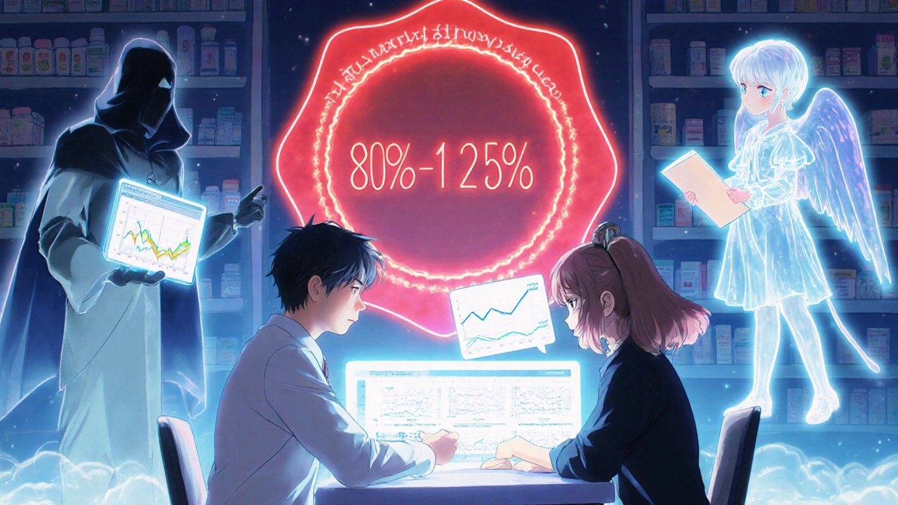 A doctor and patient view health data on a screen while magical spirits representing nocebo and adherence argue above them.