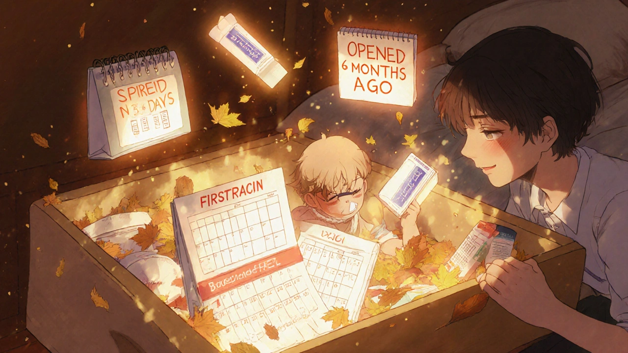 A family checking their first aid kit with floating expiration labels and autumn leaves around them.