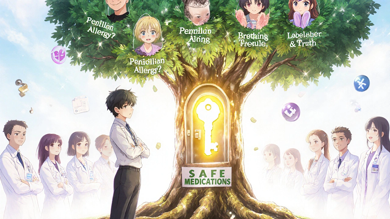 A magical medical tree with falling allergy labels, golden light unlocking safe medications, symbolizing clarity and truth in patient care.