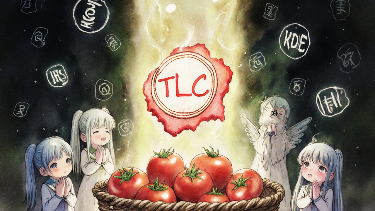 A magical TLC seal is stamped on tomatoes as spirit helpers bow, with floating data runes in the background.