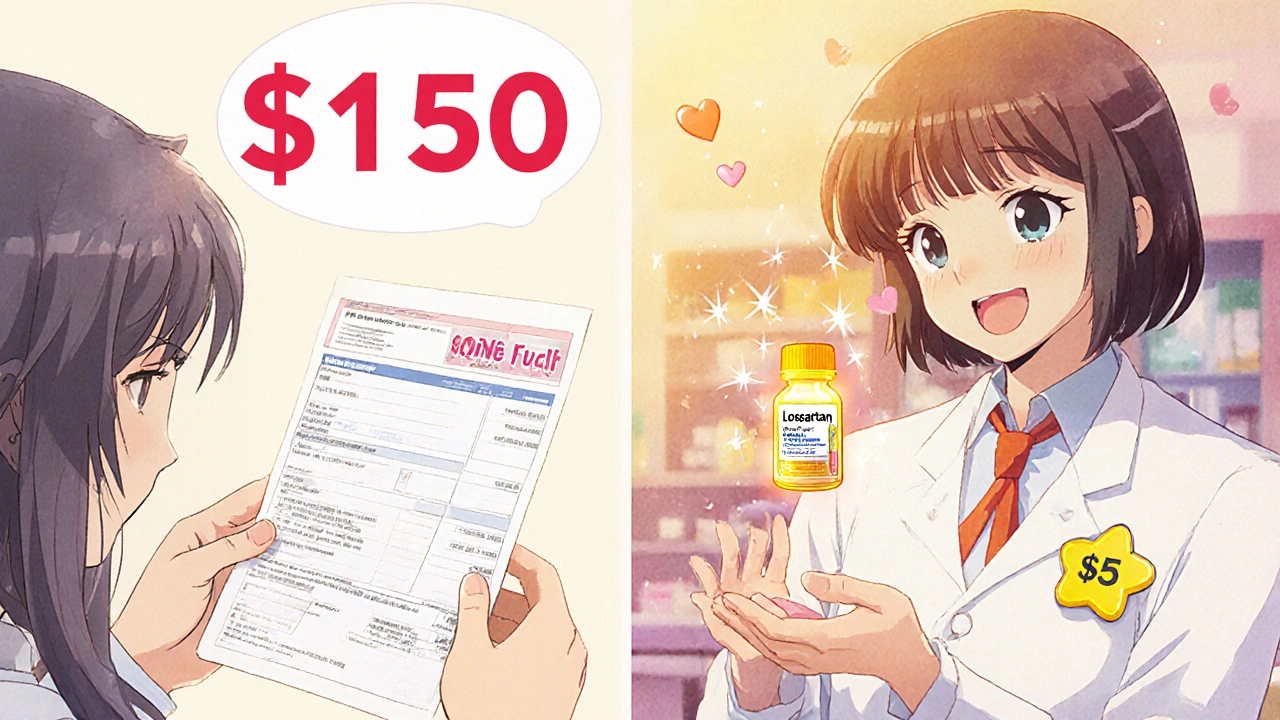 A patient compares a costly prescription to an affordable generic pill under warm golden light.