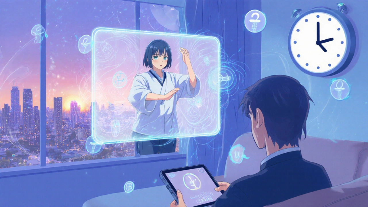 A patient receiving virtual physical therapy guidance through a glowing anime-style avatar on a tablet.