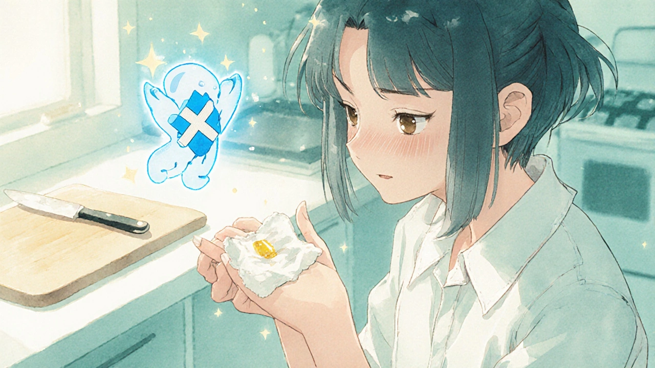 A person cleaning a minor wound with a cotton pad, a bandage-shaped spirit hovering nearby.