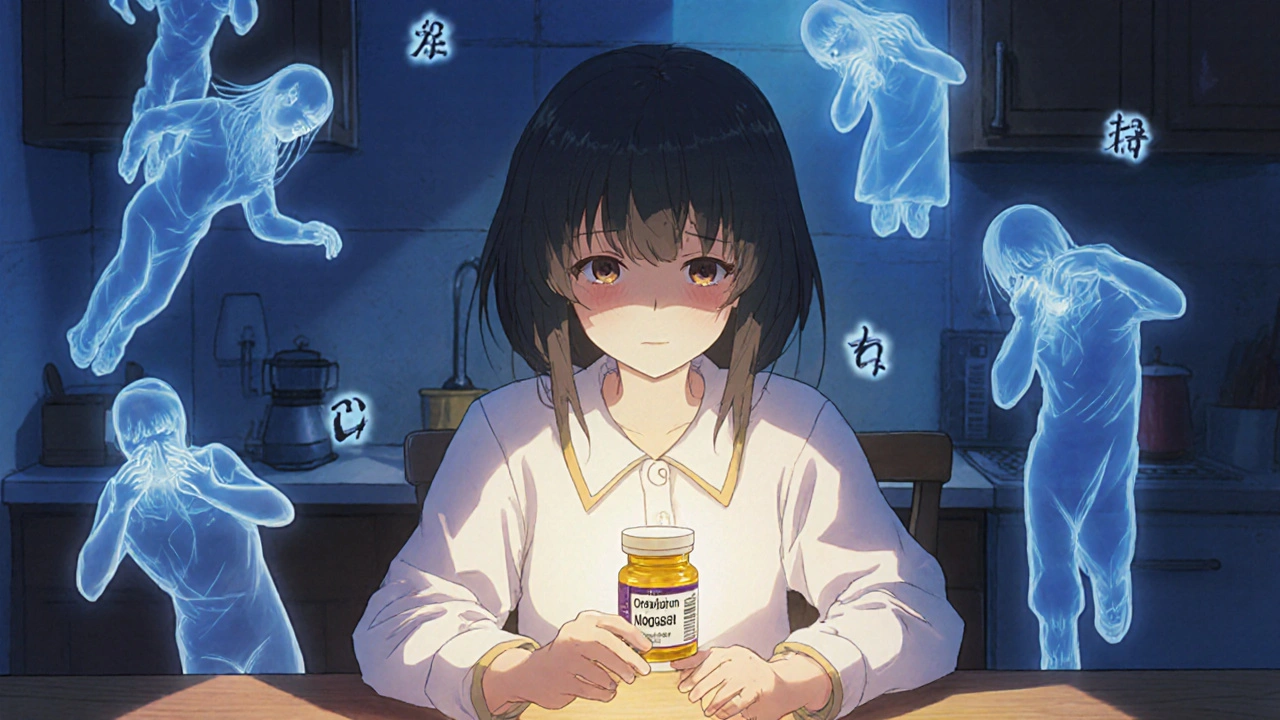 A person taking an oral GLP-1 pill surrounded by ghostly side effect spirits in a warm kitchen setting.